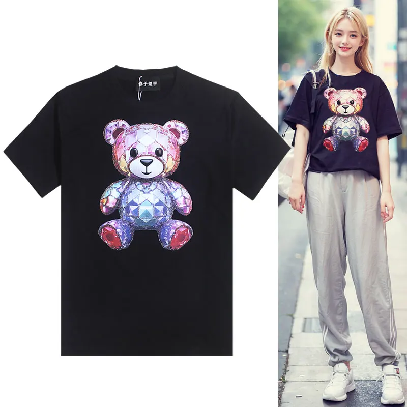 Chun yu yin jia Fashion High Street Designer Chinese colorful bear Pattern 3D Printing Short-Sleeved T-Shirt Black for women tee