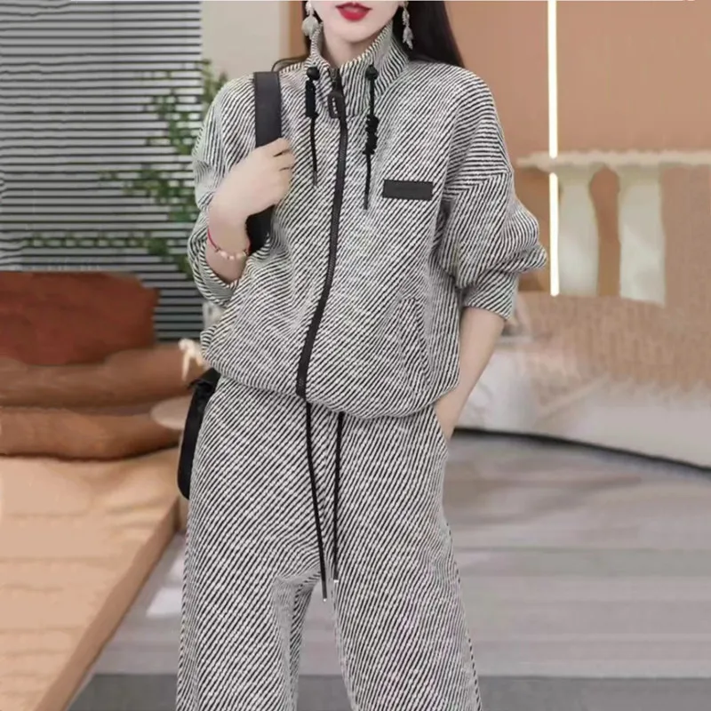 

Spring and Autumn New Fashion Casual Striped Suit for Women2024Loose Cardigan Top and Wide-Leg Pants Two-Piece Set Women's Cloth