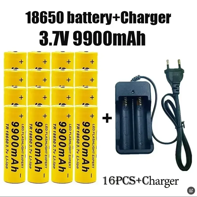 100% Original 3.7V 18650 Battery 9900mAh Lithium Rechargeable Battery flashlight Toys fans battery+charger