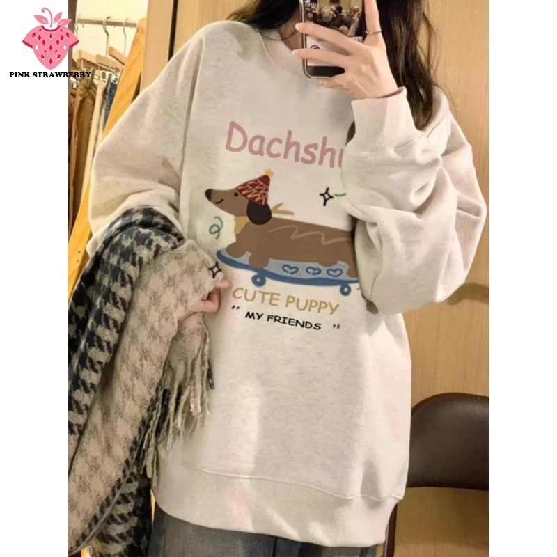 

Korean Dachshund Print Plush Sweatshirt Women Autumn Winter 2025New Oversize O-Neck Loose Pullover Hoodie Y2K Top kawaii clothes