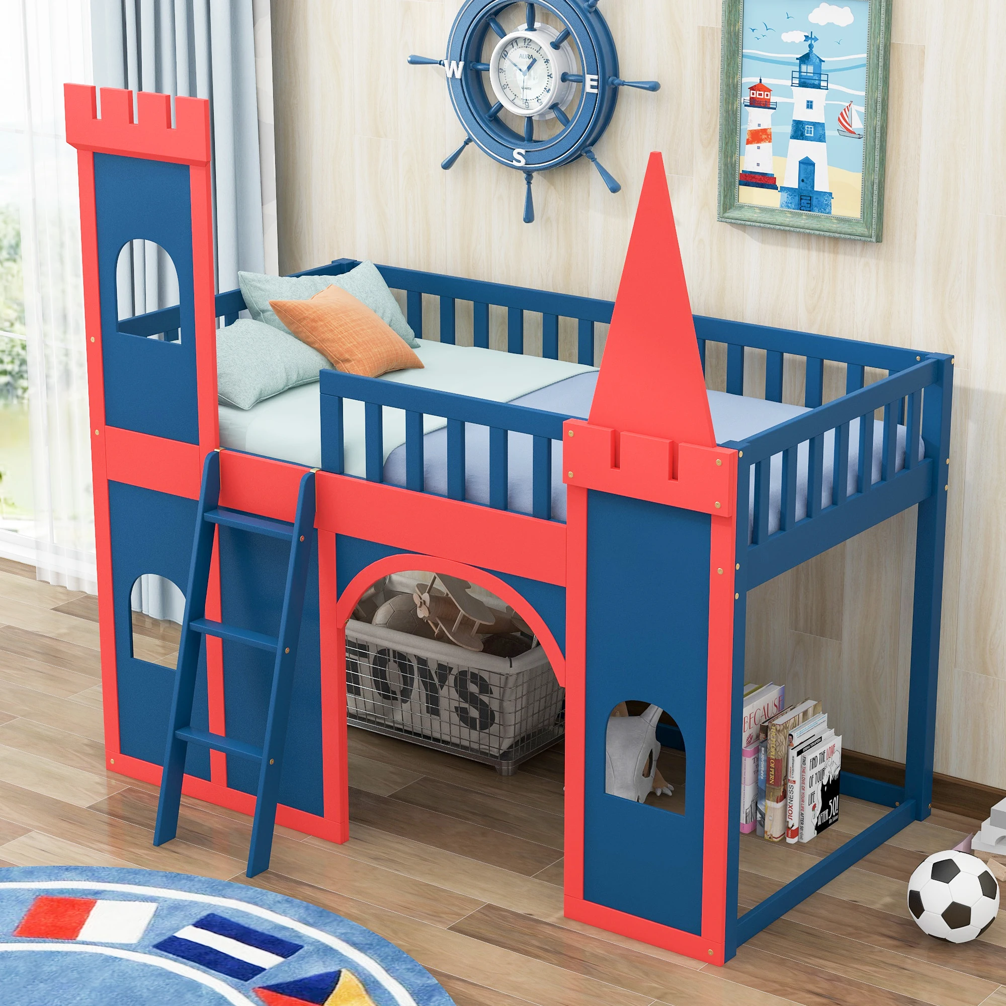 

Twin Size Castle Shaped Loft Bed with Underbed Storage Space,Red