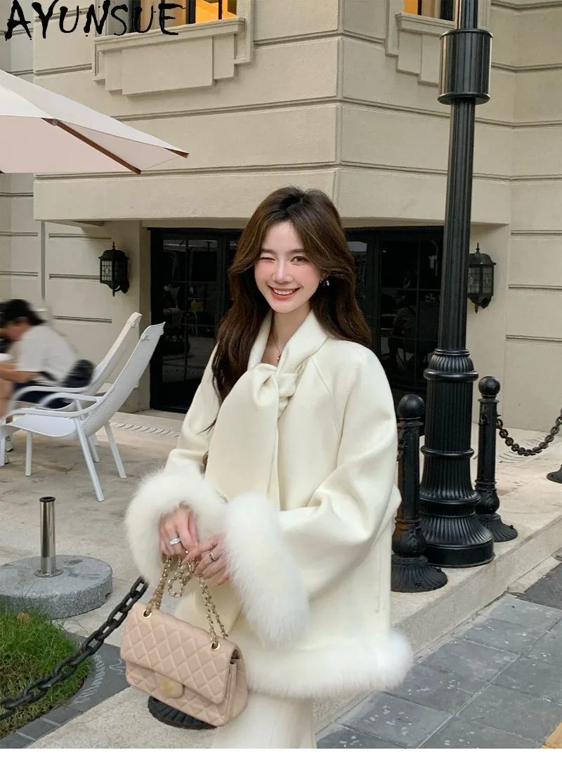 AYUNSUE Womens Wool Coat Double Faced Cashmere Coat Fox Fur Sleeves High End Female Autumn Winter Clotfes Wool Coat Women 2026