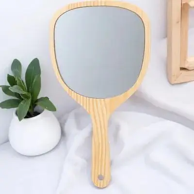 Wooden Handle Portable Makeup Mirror For Women Travel Vanity Handheld Compact Dressing Mirror For Home Bathroom Bedroom