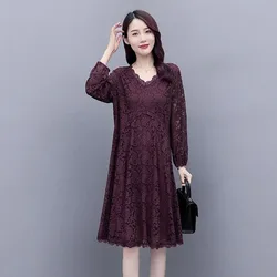 Elegant V-Neck Spliced Lace Ladies Dresses Women's Clothing Autumn Winter Loose Solid Color Office Lady Midi Dress
