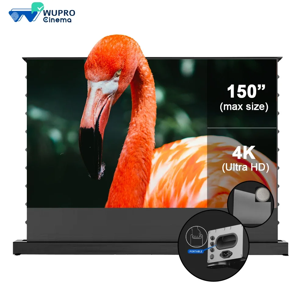 

Hottest Wupro 100/120 inch Alr Pet Crystal Floor Up Projection Screen Motorized Long Throw For UST Floor Rising Projector Screen