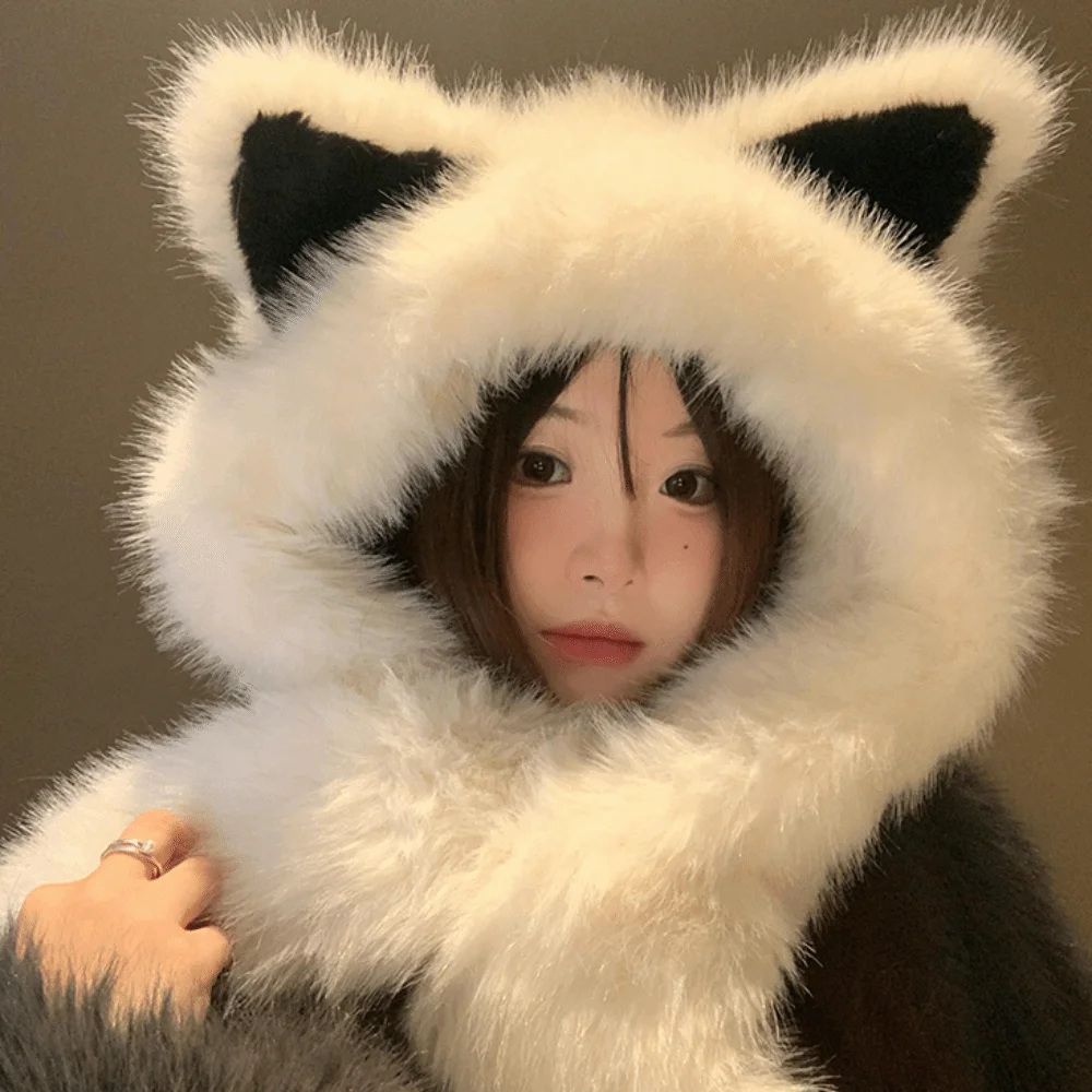 Cute Windproof Vixen Ear Beanie Hat Thicken Soft Integrated Cap Scarf Faux Fur Cold Resistant Fluffy Neck Warm Hat Gift