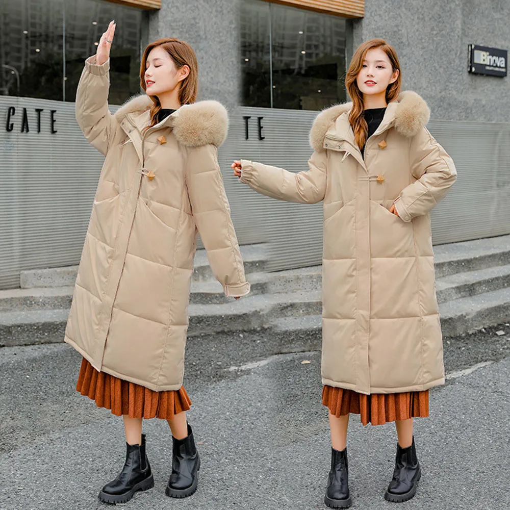 Big Fur Collar Winter Parka Women Down Jacket Thicken Long Coat Fashion Hooded Cotton Padded Outwear Long Female Puffer Overcoat