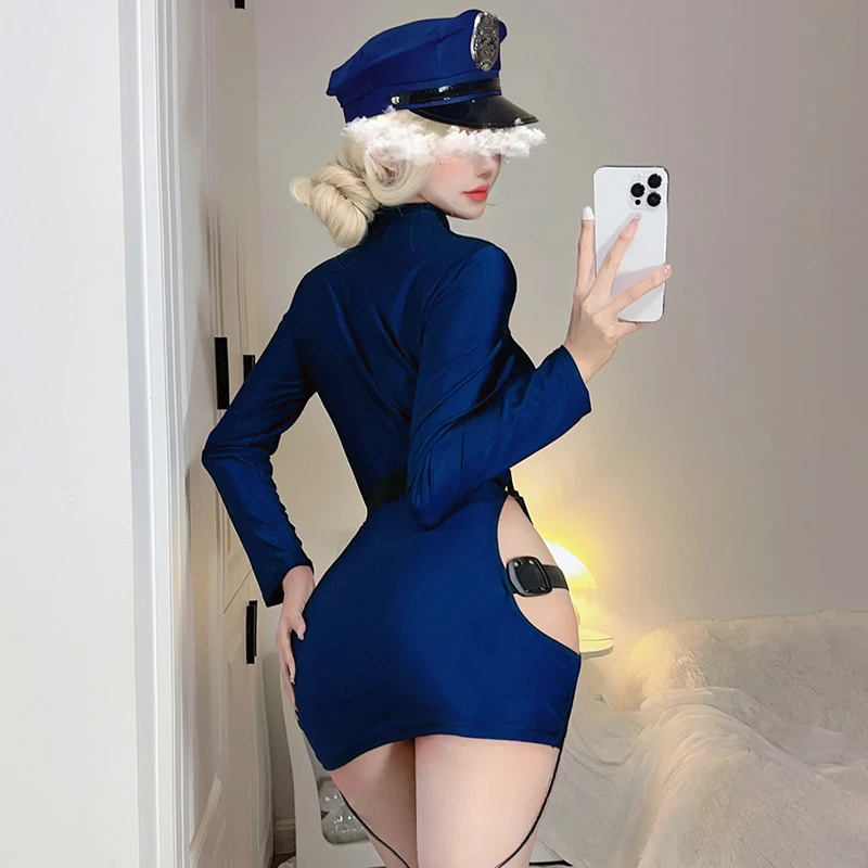 Exotic Costumes Sexy Lingerie Nightclub Women Police Uniform Double Zipper Free Open Crotch Cospaly Outfit Sexy Skirt Dress