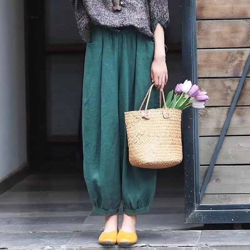 القطن الكتان فضفاض بلون اقتصاص السراويل النساء جديد الصيف البساطة مكتب سيدة واسعة الساق الاتجاه تظهر رقيقة سراويل تقليدية CQ6