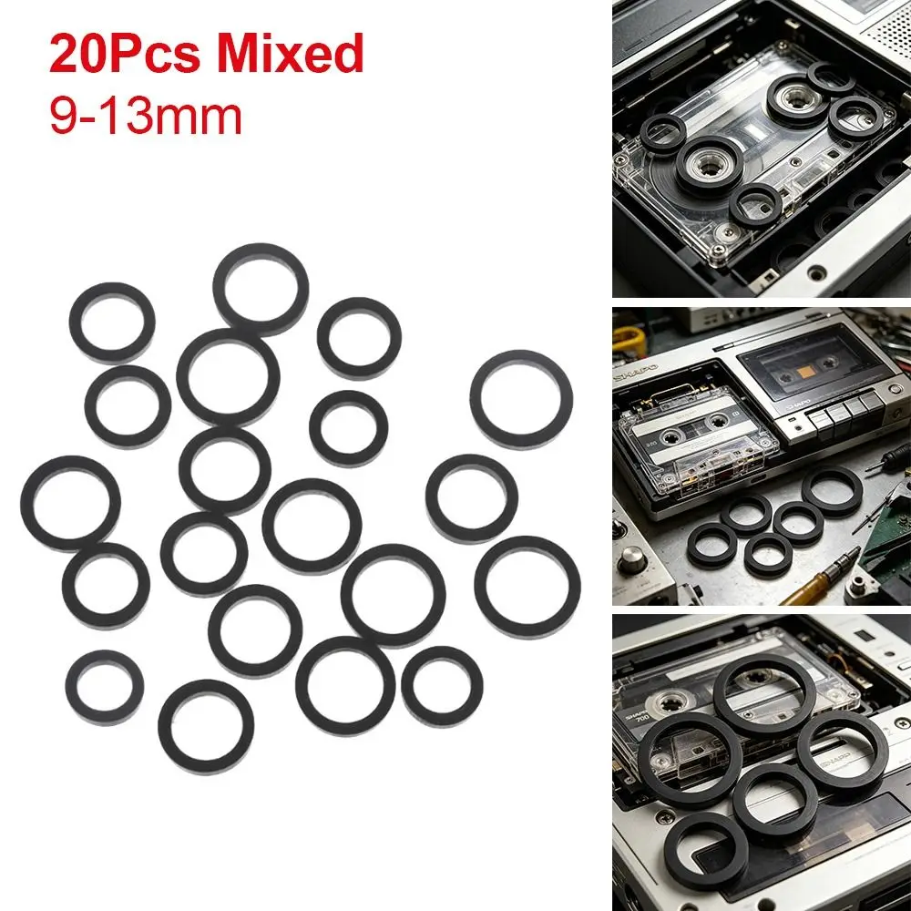 20Pcs 9-13mm Cassette Deck Idle Wheel Rubber Ring Mixed Size Set Rubber Tape Recorder Idler Pulley Belt Audio Stereo Repair Part