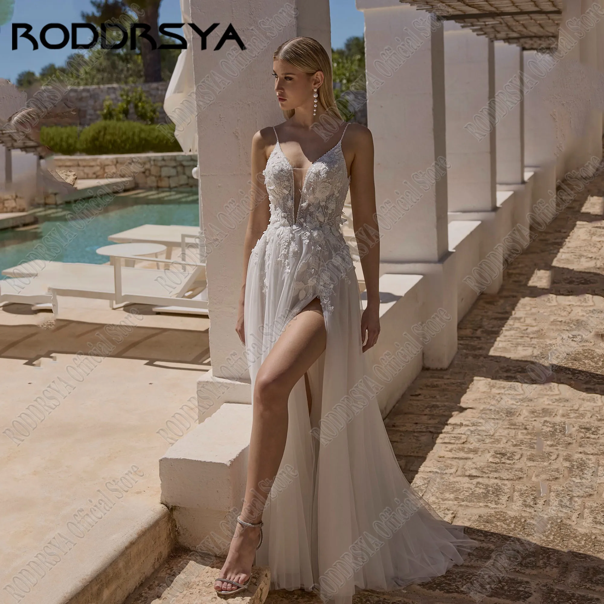 RODDRSYA Beach V Neck Wedding Dress A-Line Side Slit Backless Appliques Bridal Gown Spaghetti Strap Vestidos De Novia Customized