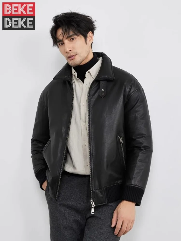 Top Quality Mens Warm Goose Down Jacket Sheepskin Genuine Leather Winter Business Work Overcoat Zipper Slim Fit Bomber Jacket