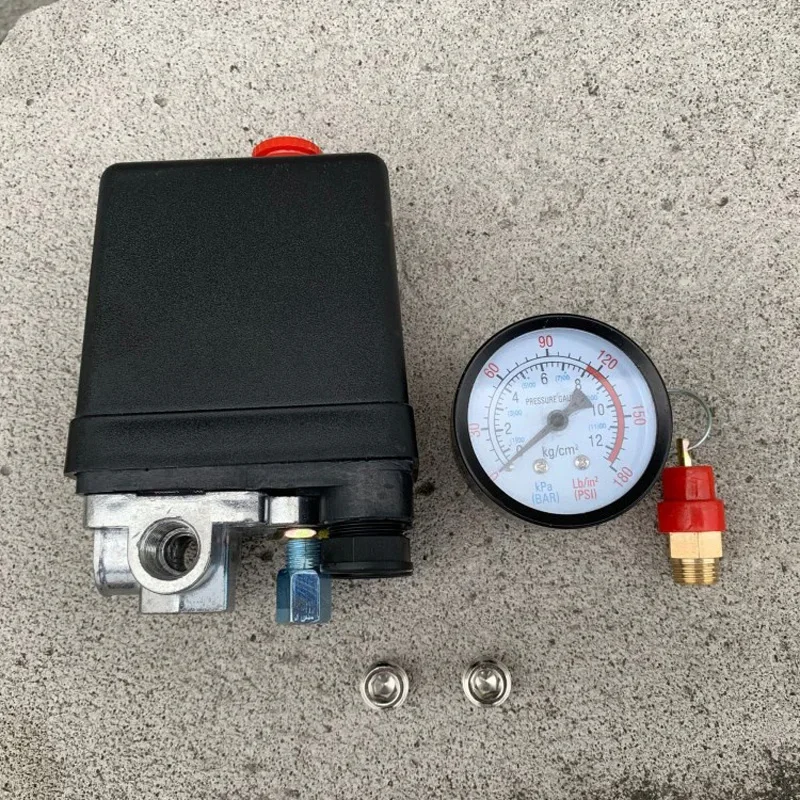 New 1/4'' BSP 4 Port 12 Bar Single-phase Air Compressor Pressure 0-175 PSI Switch Control Valve Safety Valve Pressure Gauge