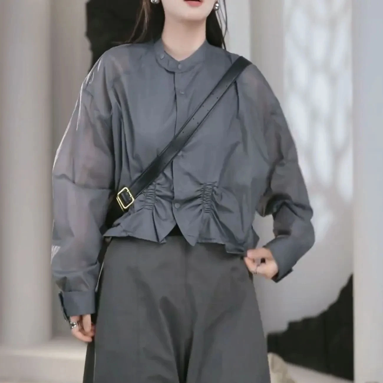 Korean Sle Long Sve Women's Summer Thin Loose Breathable Sun Protection Outerwear Ele Folded Design Slimming Top