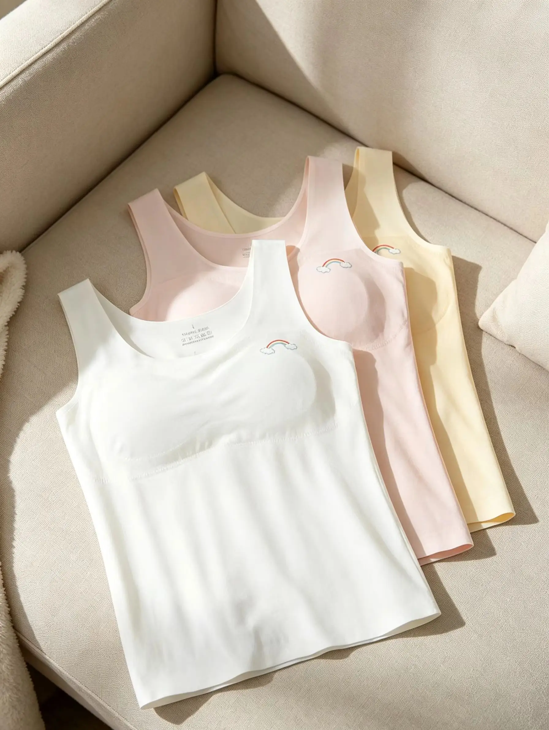 Kids Girls Seamless Ice Silk Tank Top Cute Rainbow Decor Thin Padded U Neck Soft Comfort Summer Teen Student Undergarment Vest