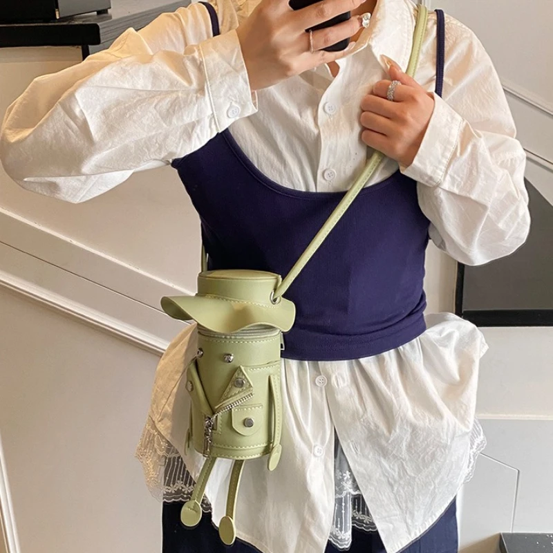 Cute Character Shaped Mini Crossbody Bag with Whimsical Faux Leather Adorable Doll Bucket Shoulder Purse with Detachable Strap