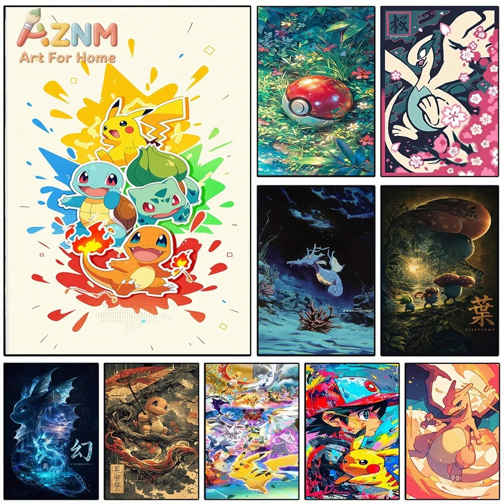Anime Pokemon Kanto Starter Characters Canvas Wall Art, Colorful Pop‑Art Pocket Monster Frameless Canvas Painting for Kids Bed