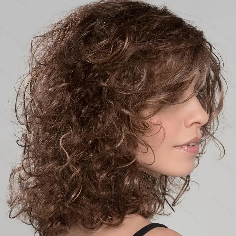 Fluffy short woolen curly synthetic wig with side-swept bangs, texturized ramen curls bob full headpiece, natural easy  maintain