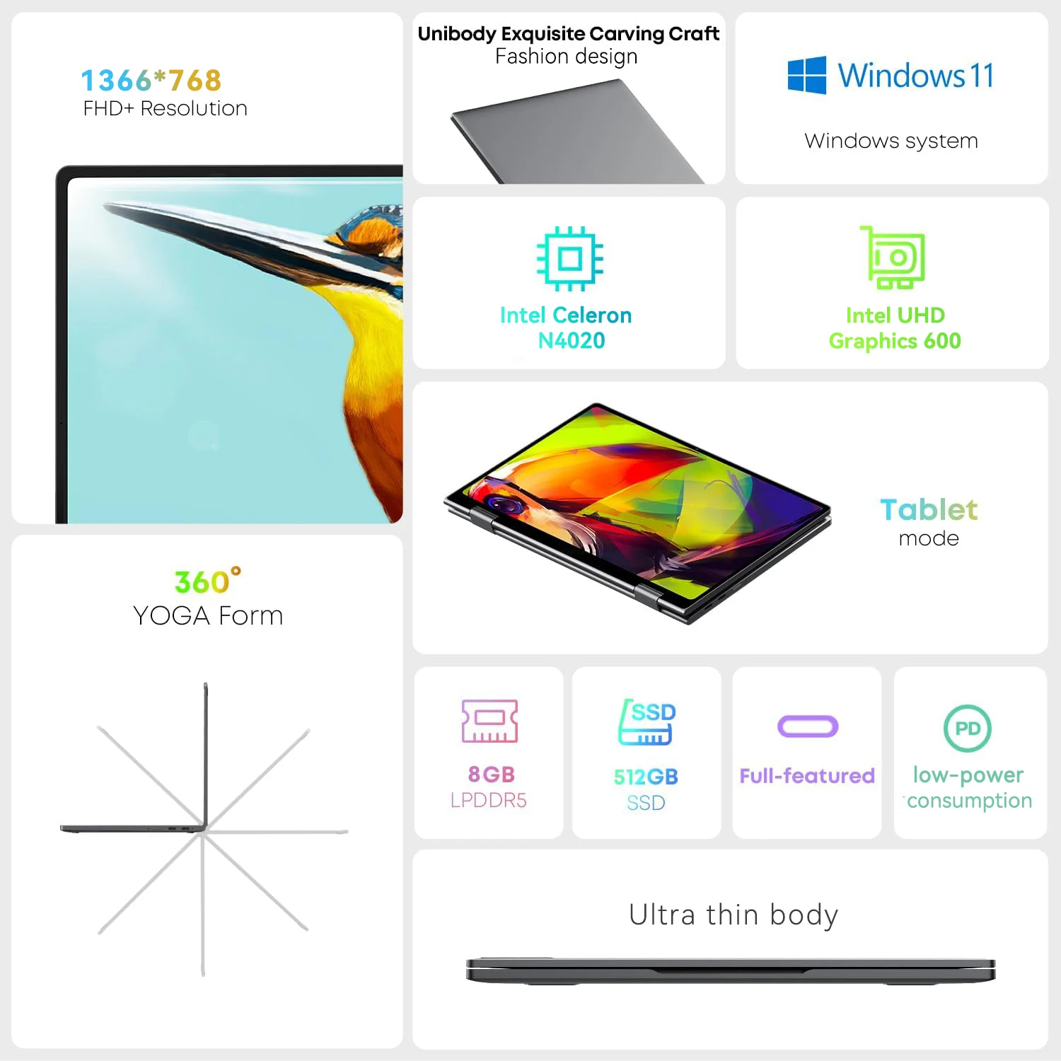 Touch Screen Laptop Computer Windows 11 Office Study Notebook PC Intel Celeron N4020 8GB DDR4 512GB SSD 1920*1080P 11.6" Laptops