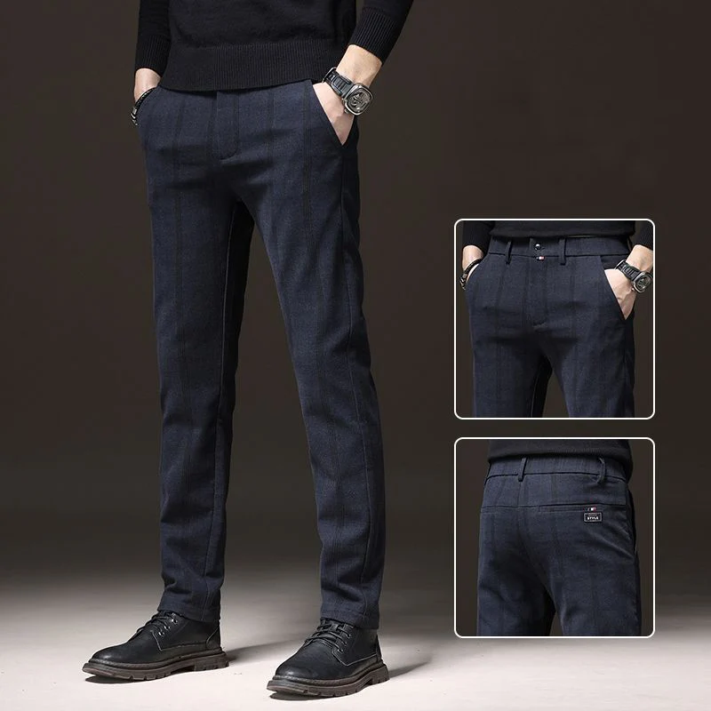 

Spring Autumn Plaid Stretch Pants Men Slim Business Grey Black Blue Casual Pant Fashion Male Clothing England Trousers