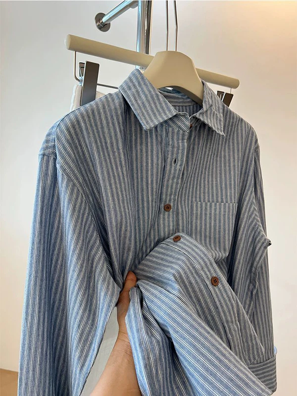 

Retro Pure Cotton Blue Striped Long Sleeve Women's Shirt Loose Lazy Small Audience Elegance Spring Trendy Button-Up Casual Shirt