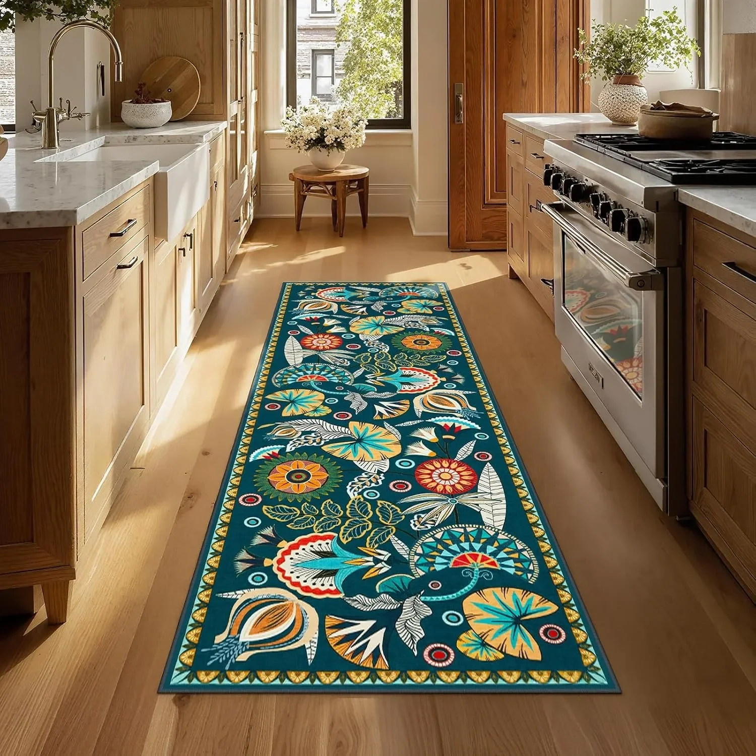 Egypt Floral Kitchen Floor Mat Boho Non-slip Washable Runner Rug for Hallway Entryway Vintage Home Decor Carpet for Laundry Room