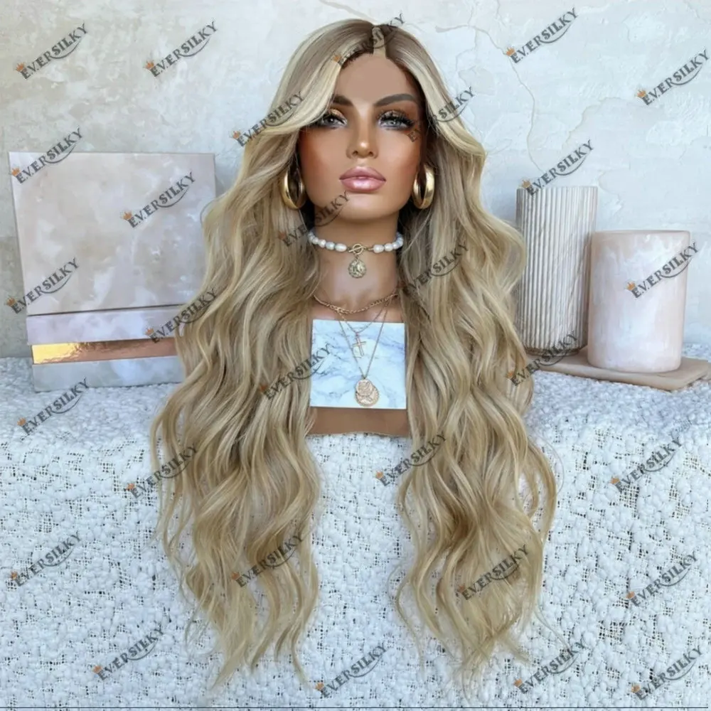 Glueless U Part Wig Human Hair Wig Dark Roots with Creamy Blonde Highlights Body Wave Easy to Install 1*4 V Part Wig Human hair