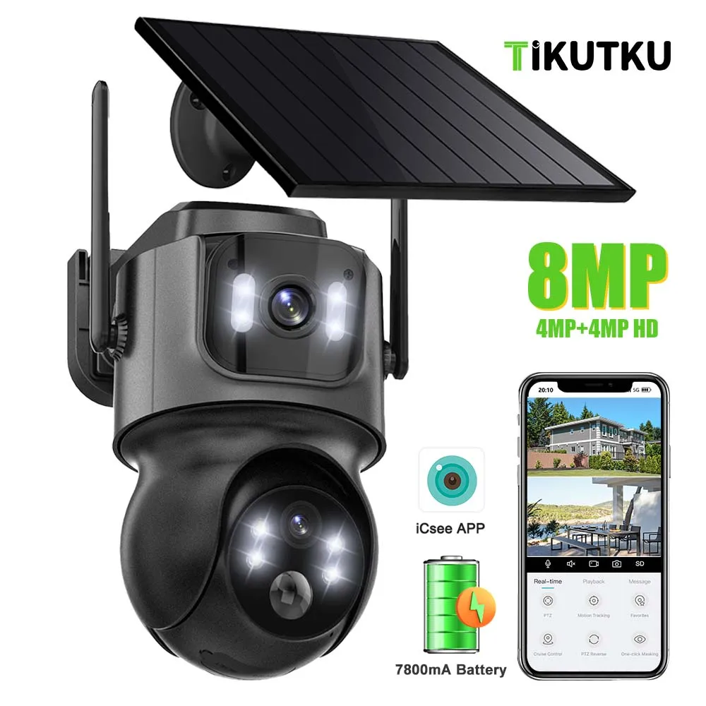 

WIFI Solar Camera ICsee 8MP 4K Dual Lens Dual Screens Wireless Battery IP Cam CCTV Video Surveillance Outdoor Waterproof