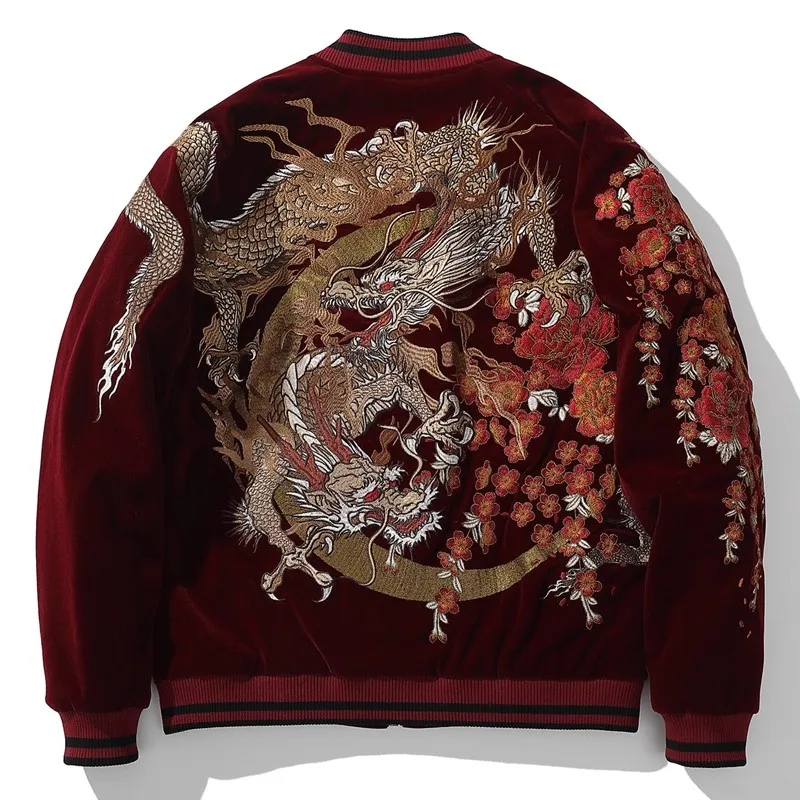 

Boy Men Sukajan Souvenir Jackets Coiled Dragon Peony Embroidered Loose Coats Hip Hop Streetwear Red Black Stripe High Street