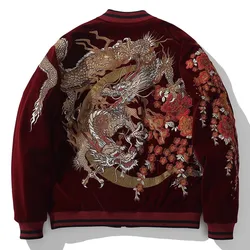 Boy Men Sukajan Souvenir Jackets Coiled Dragon Peony Embroidered Loose Coats Hip Hop Streetwear Red Black Stripe High Street