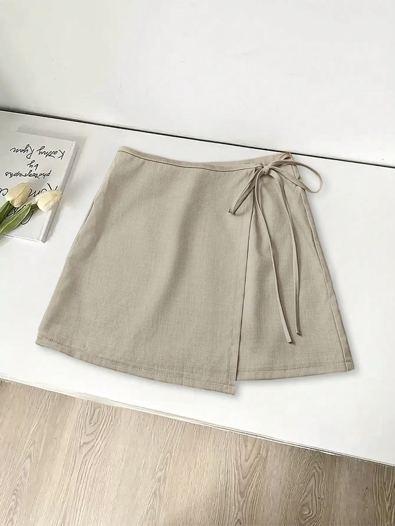 

Асимметричная юбка-кимоно цвета хаки с завязками на талии, повседневная летняя короткая юбка для женщин