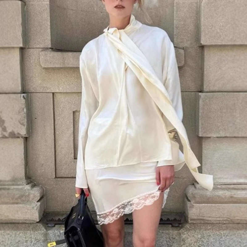 

Fashion Satin Neck Tie Top and Short Skirt Two Piece Set 2025 Summer Commuting French High End Dress Set