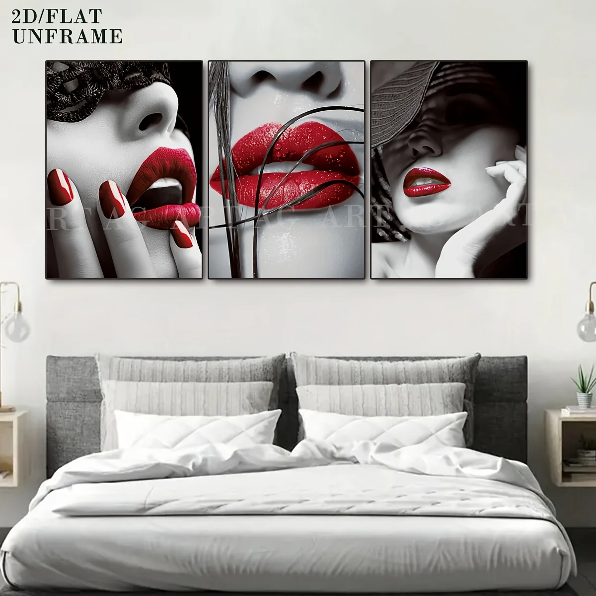 3 fashionable women's decorative posters, black and white style gorgeous red lip art decoration, suitable for living room, dinin