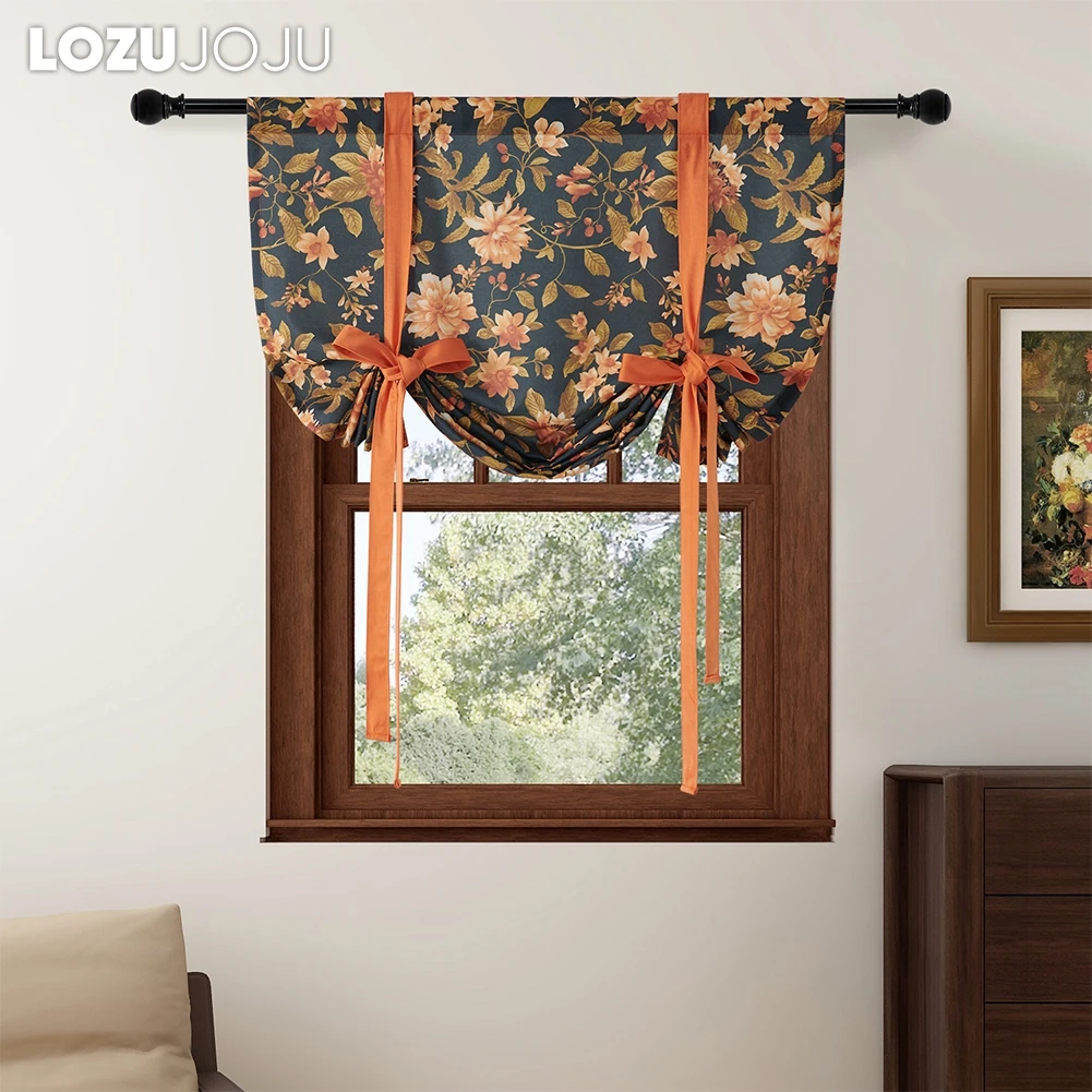 LOZUJOJU Hot Sale Printed Floral Curtain Valance Tie Up Shading for Small Window Kitchen Curtain 1PC