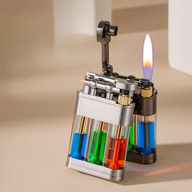 Highly Concentrated Colorant Tricolor Transparent Oil Tank Lighter Small Portable Creative Retro Grinding Wheel Lighter
