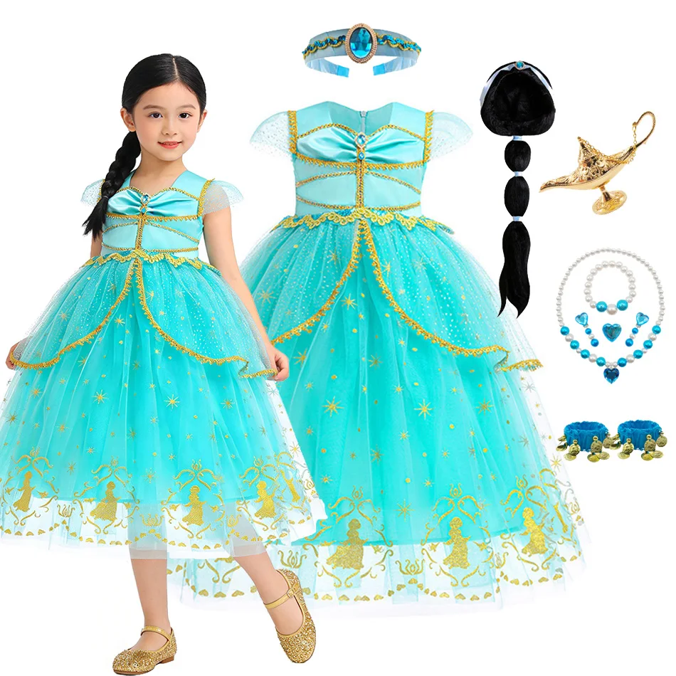 Girls Fairy Tale Aladdin Princess Dress Fluffy Tulle Skirt with Gold Star Pattern Party Dress Up Kids Birthday Halloween Costume