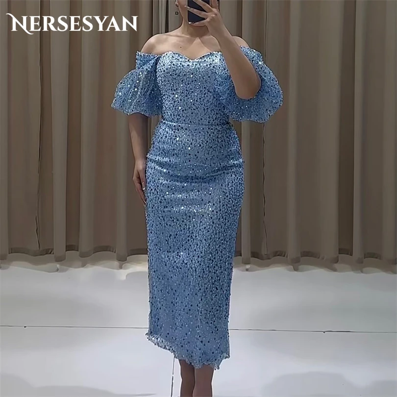 

Nersesyan Blue Glitter Sequins Formal Evening Dresses Off Shoulder A Line Draped Party Gowns Puff Sleeves Graduation Prom Dress