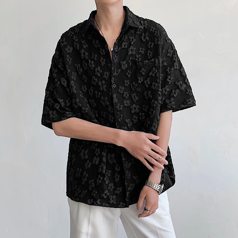 Vintage Florals Foaming Print Shirt Men Leisure Loose Button Lapel Short Sleeve Cardigan Mens Tops Summer Fashion Black Shirts