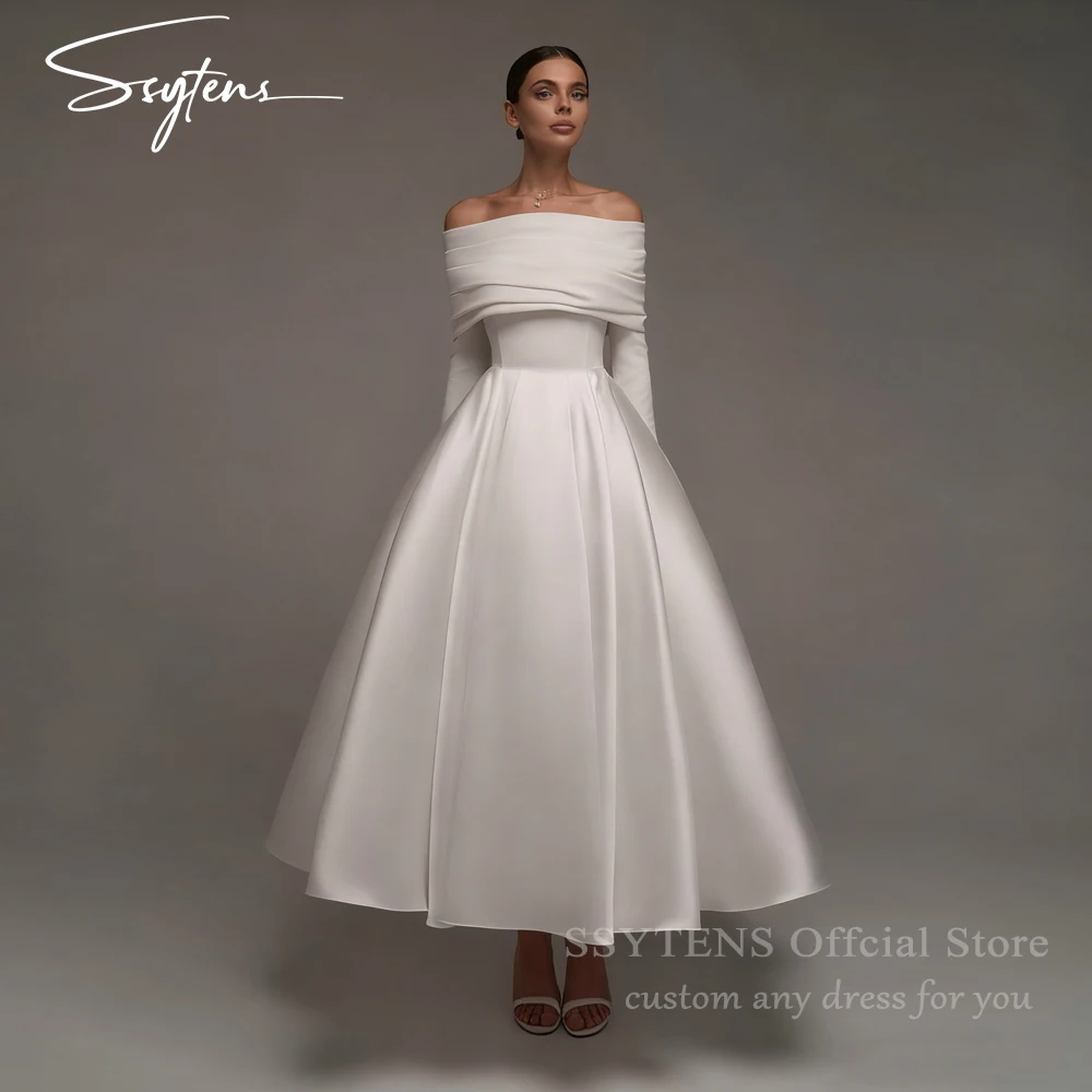 

SSYTENS lvory Satin Wedding Dress Off The Shoulder A Line Bridal Gowns Women Full Sleeves Elegant Ankle Bride Dresses Customized