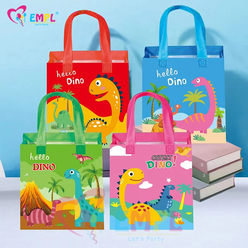 12pcs Cartoon Dinosaur Non-Woven Tote Bags Dino Reusable Grocery Bag Baby Shower Kid Birthday Party Decorations Snacks Gift Bags