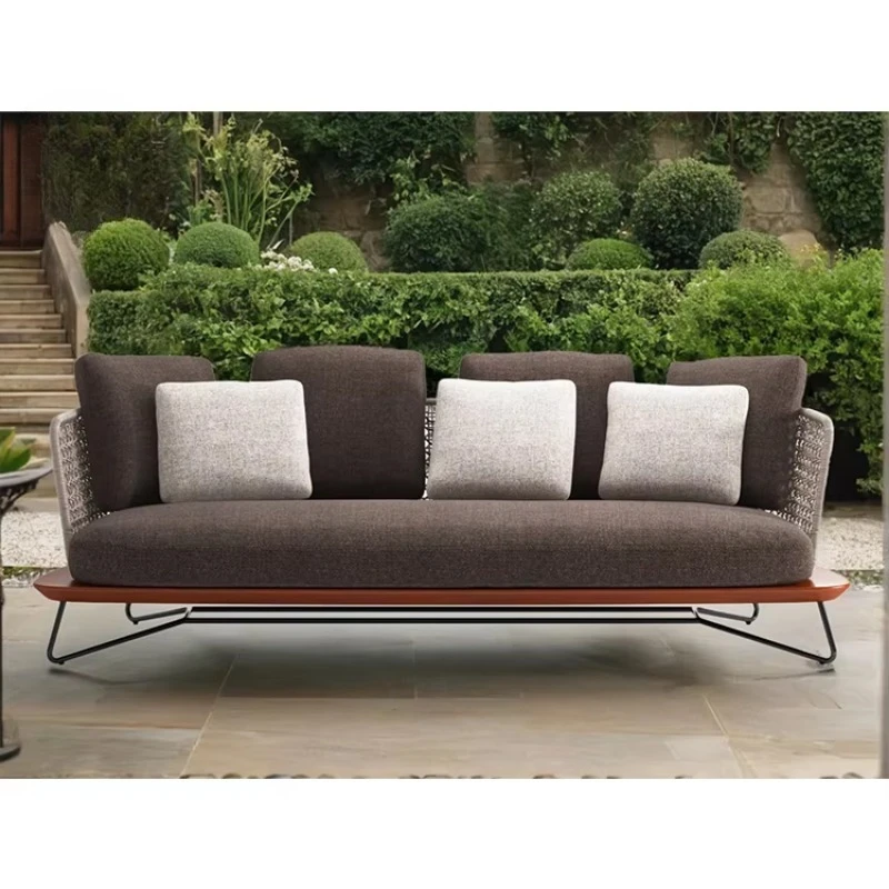 Rattan teak courtyard furniture Outdoor rope woven sofa set Hotel courtyard