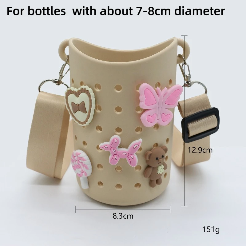 Silikon-Umhängetasche für Wasserflaschen, tragbarer Becherhalter mit DIY-Anhängern, Flaschenhülle, verstellbarer Riemen, Wasserflaschenzubehör – Detail 15