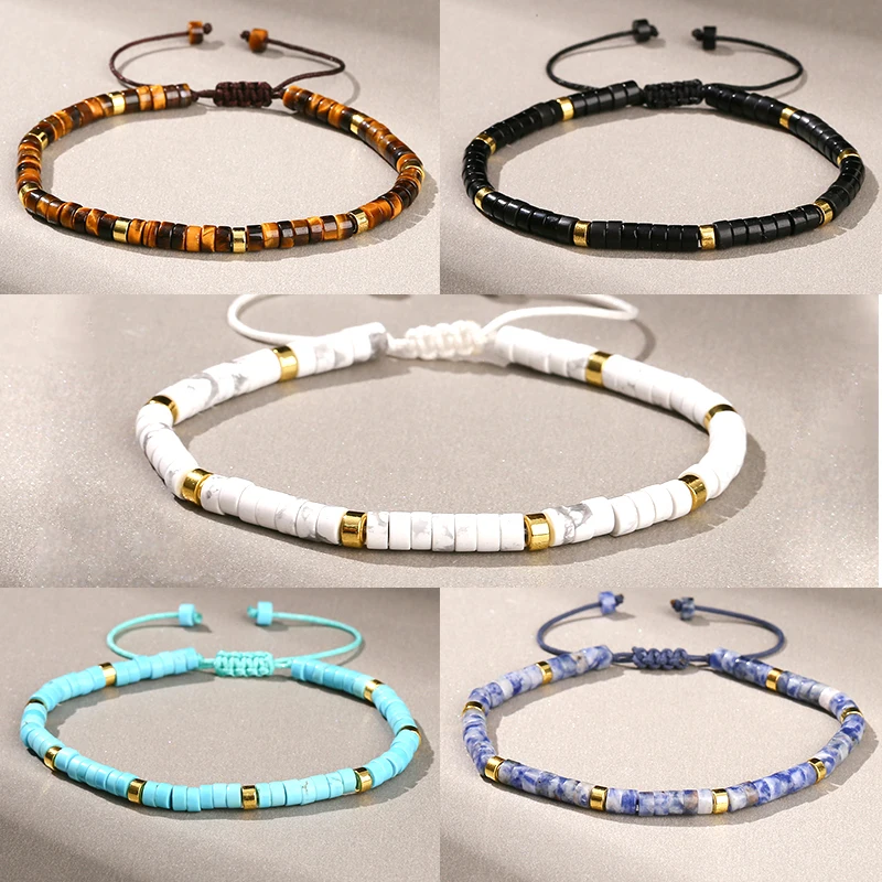 

Natural Stone Tiger Eye Turquoise Flat Bead Woven Bracelets Women Men Adjustable Rope Yoga Protection Spirituelle Jewelry Gifts