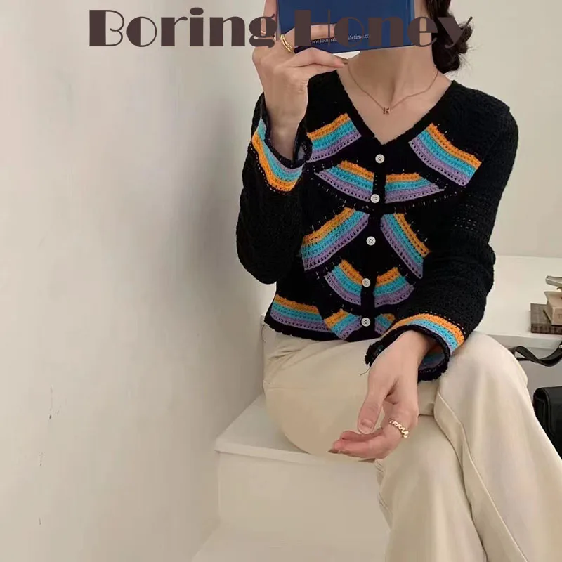 

Boring Honey Boring Honey Rainbow Wavy Stripes Color Matching Ruffled T-Shirt Slim Cardigan Short Coat New Age-Reducing Sweater