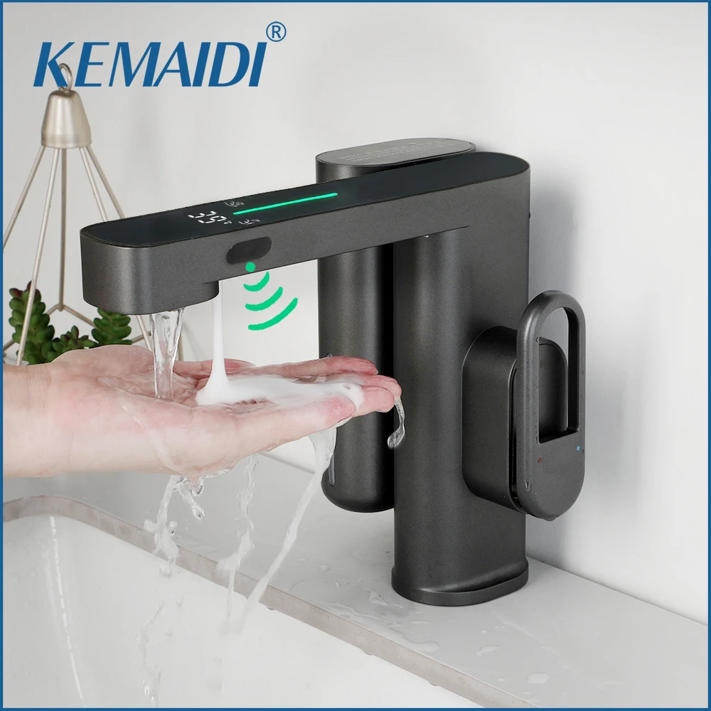 

KEMAIDI Grey Bathroom Basin Sensor Faucet with Sensor Soap Dispenser Set Bathroom Faucets Deck Mounted Mixer White Tap for Sink