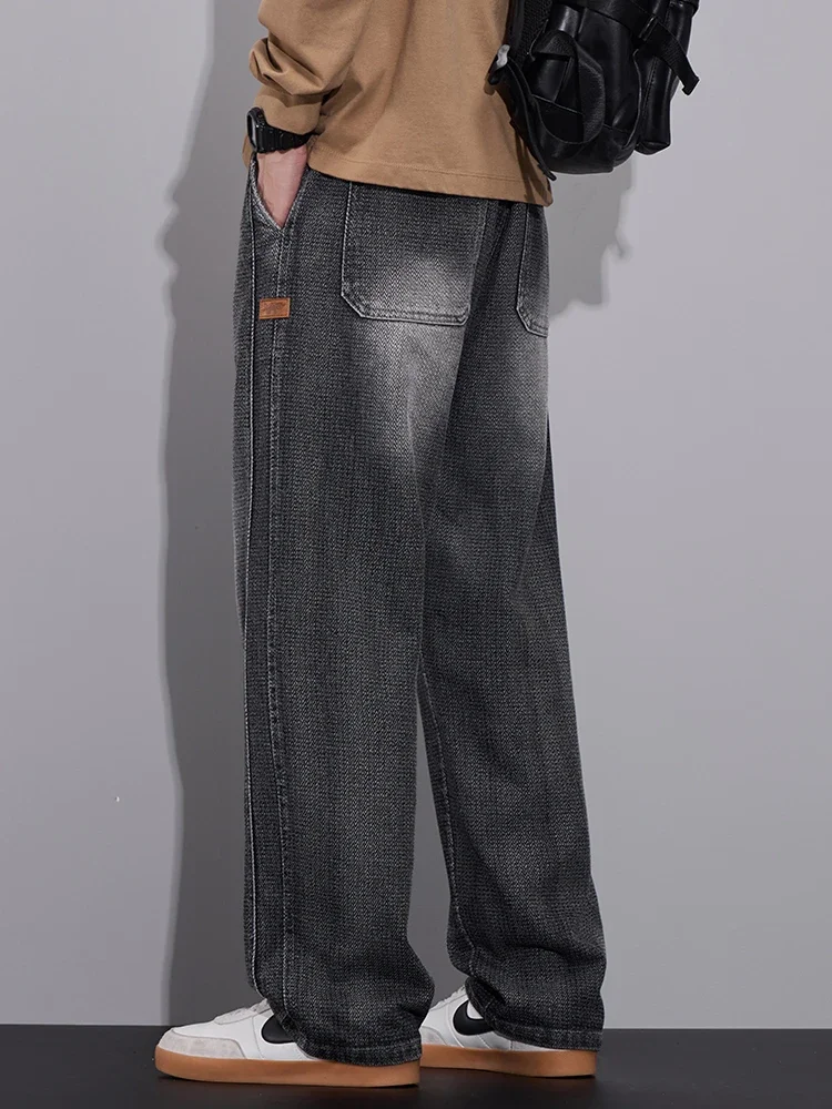 봄 헐렁한 넓은 다리 청바지 남성 탄성 허리 질감 패브릭 조깅 바지 패션 한국어 streetwear 캐주얼 루즈 한 바지