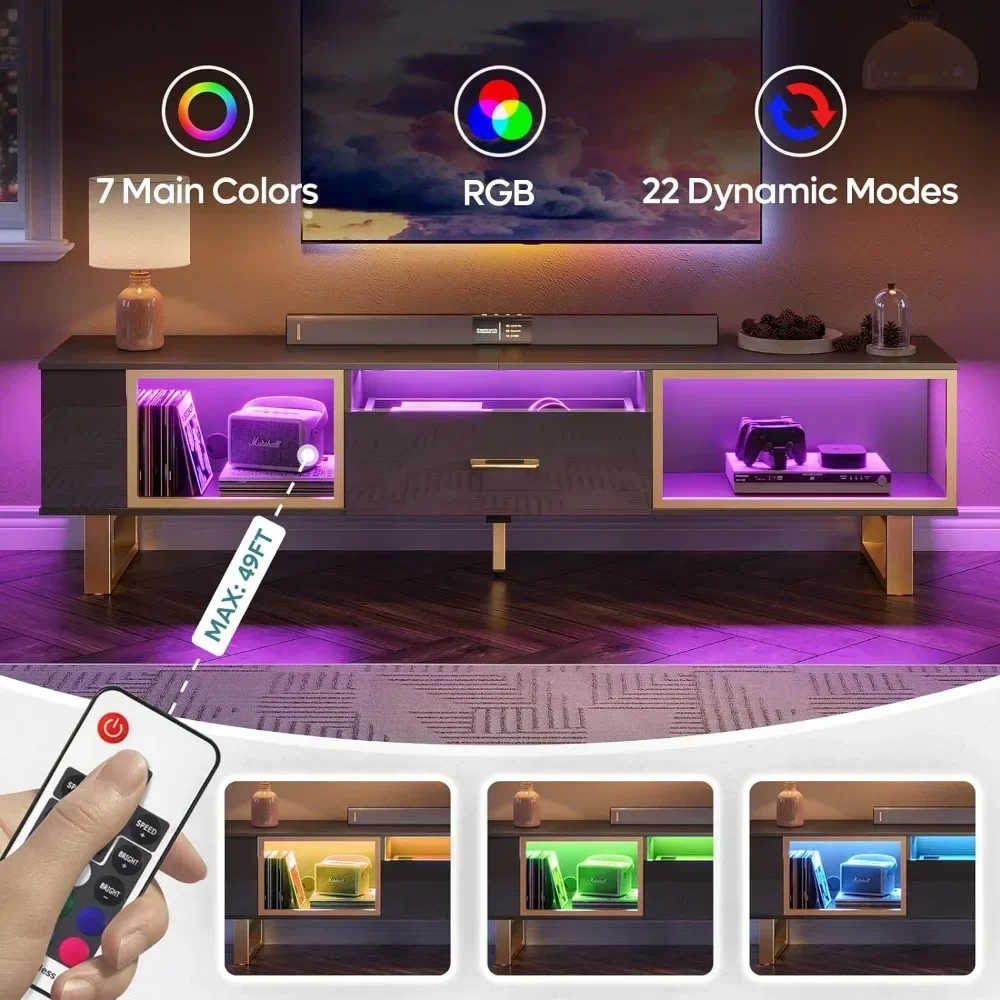 LED TV Stand , Modern Entertainment Center with Open Storage and Half-Glass Design Drawer, High Gloss Media Console image 5