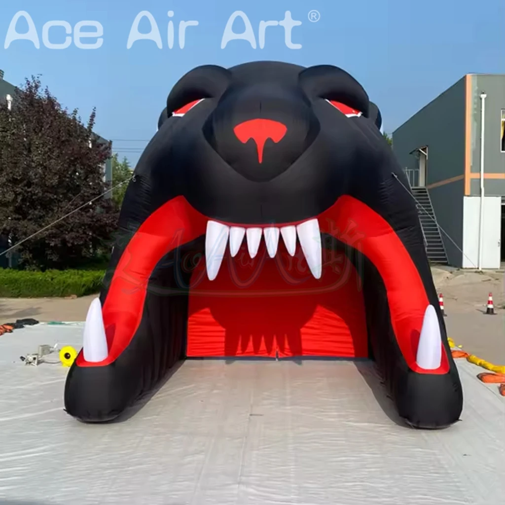 Tunnel gonflable géant de mascotte de léopard d'événements en plein air, tente gonflable noire de Tunnel de Football de pelouse personnalisée pour la publicité