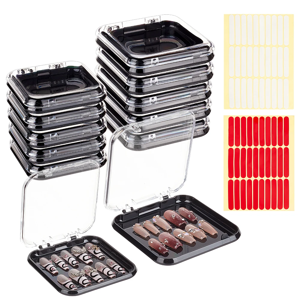 20Pcs 2 Sizes Press On Nail Storage Box Clear and Black Artificial Nail Display Packing Box with Double-sided Adhesive Tape