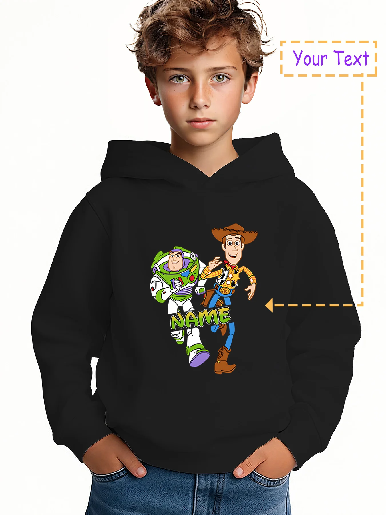

MINISO Woody and Buzz Running Hoodie - Woody and Buzz Lightyear running graphics, customizable with "NAME." Featuring Toy Story
